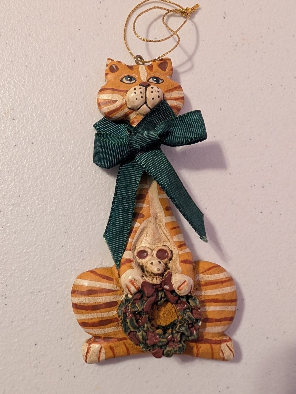 Kurt S Adler Christmas Tree Ornament Orange Striped Cat Bow Wreath Mouse 5"